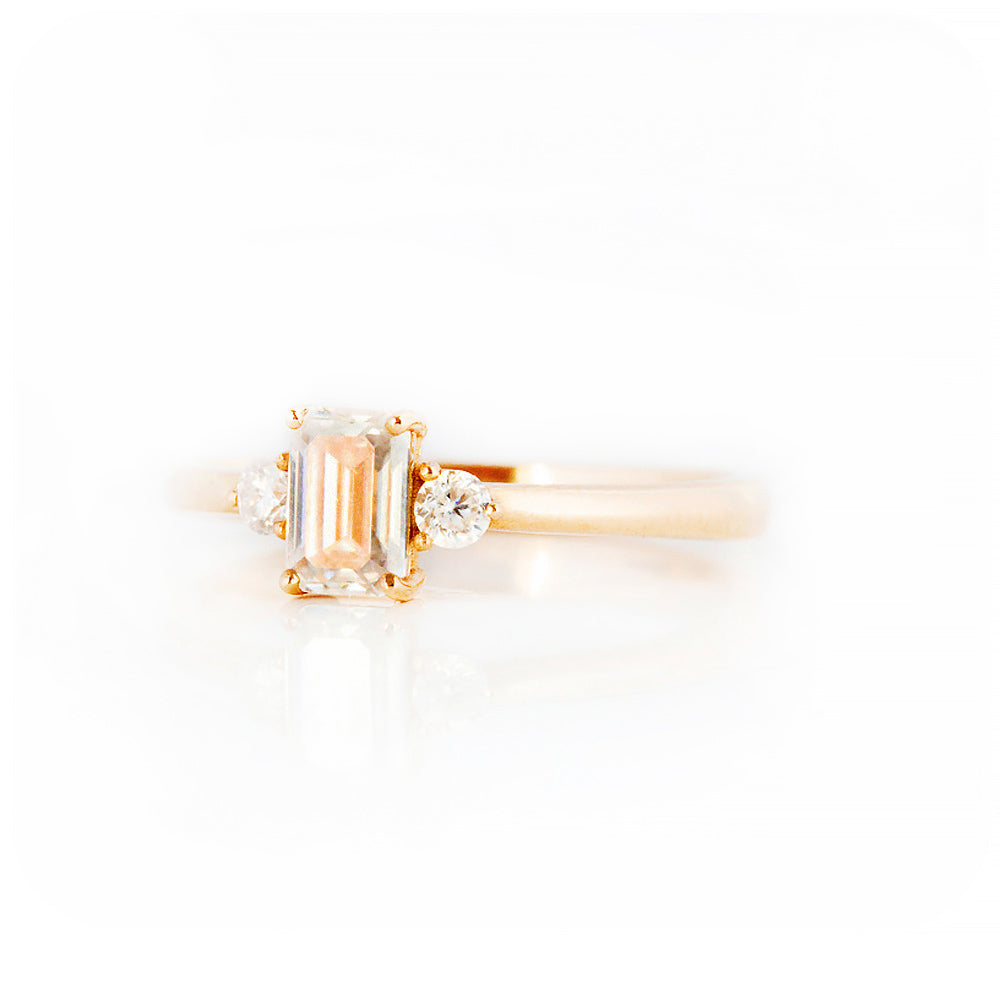 Emerald and Brilliant cut Moissanite Trilogy Engagement ring Rose Gold - Victoria's Jewellery