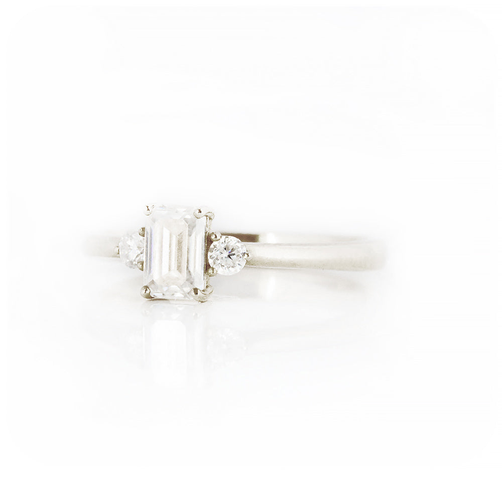 Emerald and Brilliant cut Moissanite Trilogy Engagement ring White Gold - Victoria's Jewellery