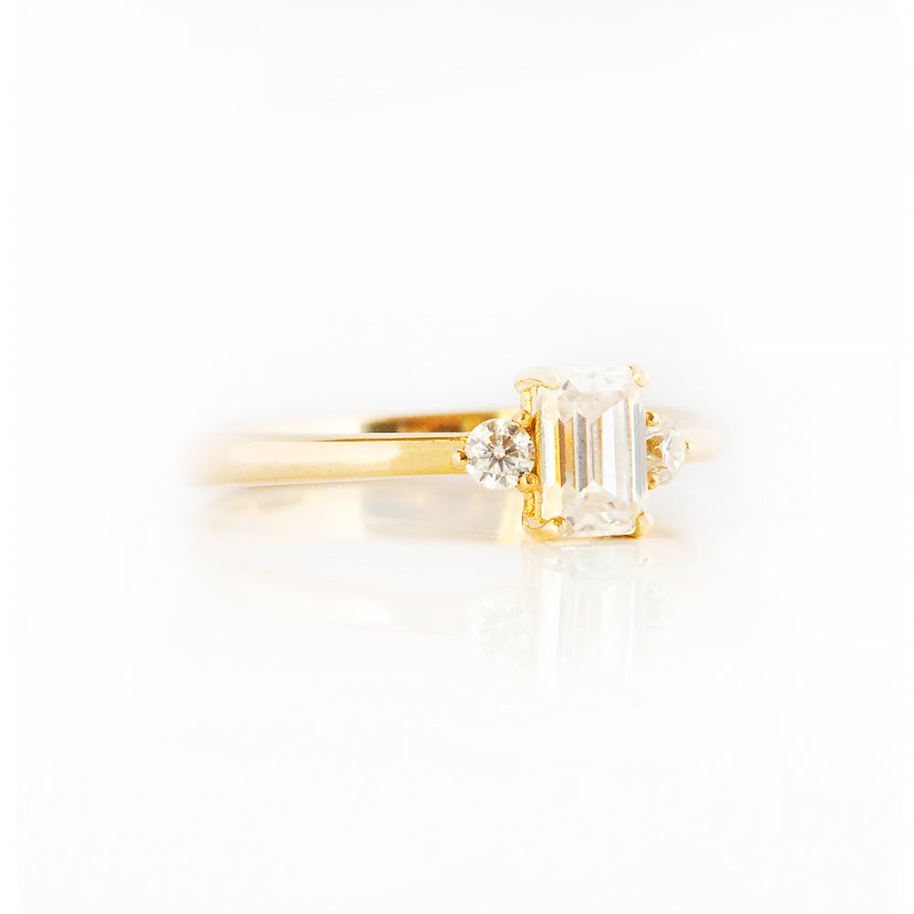 Emerald and Brilliant cut Moissanite Trilogy Engagement ring Yellow Gold - Victoria's Jewellery