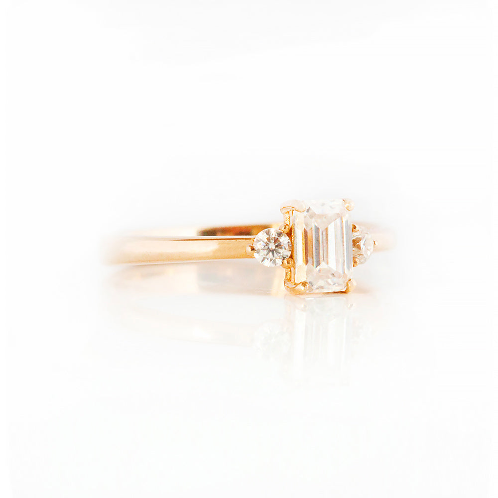 Emerald and Brilliant cut Moissanite Trilogy Engagement ring Rose Gold - Victoria's Jewellery