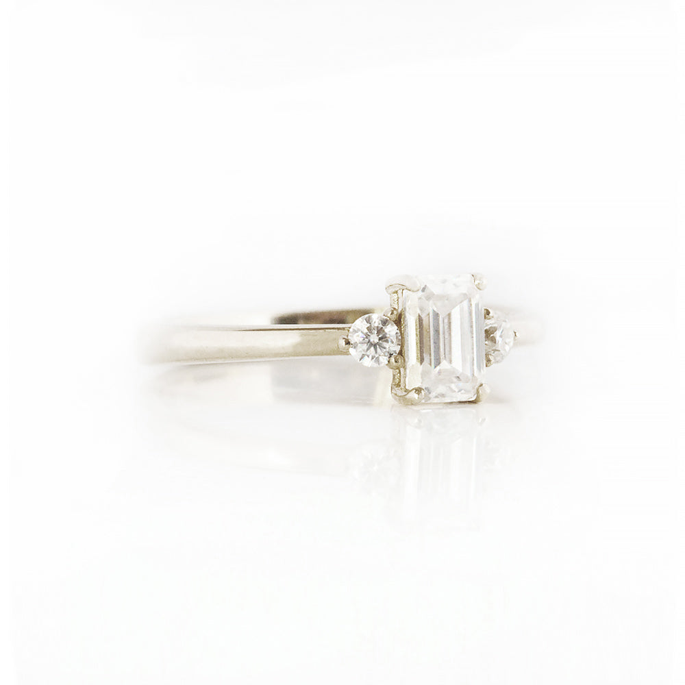 Emerald and Brilliant cut Moissanite Trilogy Engagement ring White Gold - Victoria's Jewellery