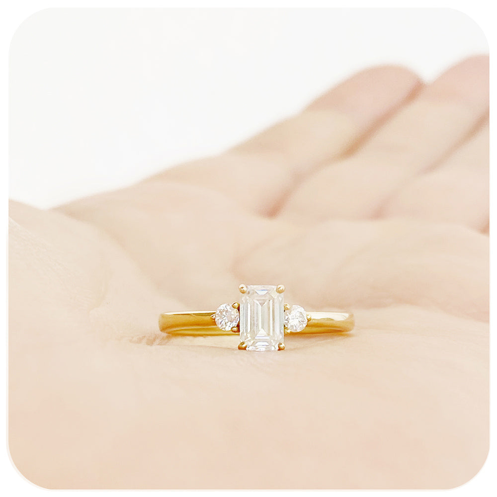 Emerald and Brilliant cut Moissanite Trilogy Engagement ring Yellow Gold - Victoria's Jewellery
