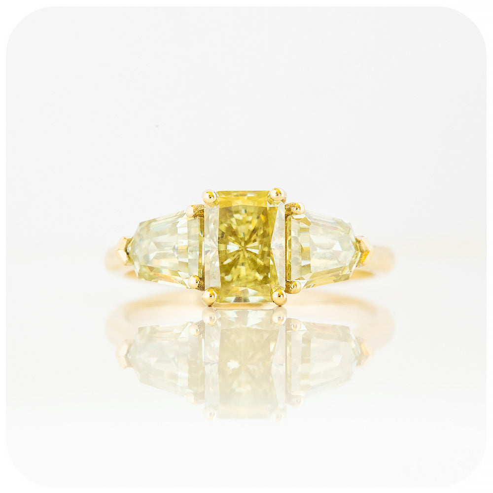 fancy yellow radiant and shield cut moissanite trilogy engagement or wedding ring - Victoria's Jewellery