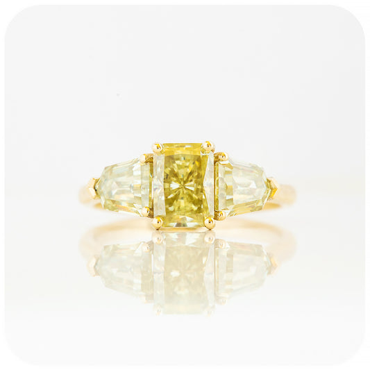 fancy yellow radiant and shield cut moissanite trilogy engagement or wedding ring - Victoria's Jewellery