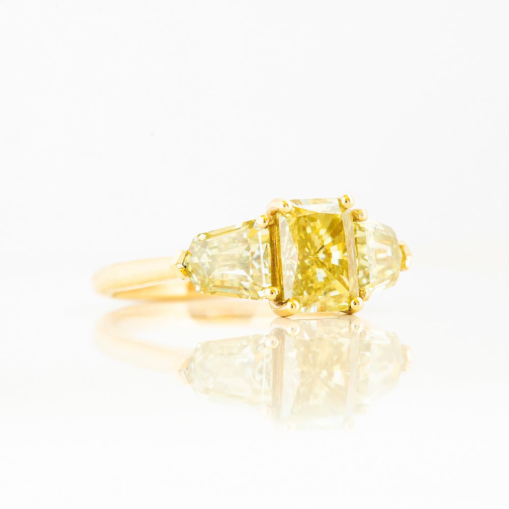 fancy yellow radiant and shield cut moissanite trilogy engagement or wedding ring - Victoria's Jewellery