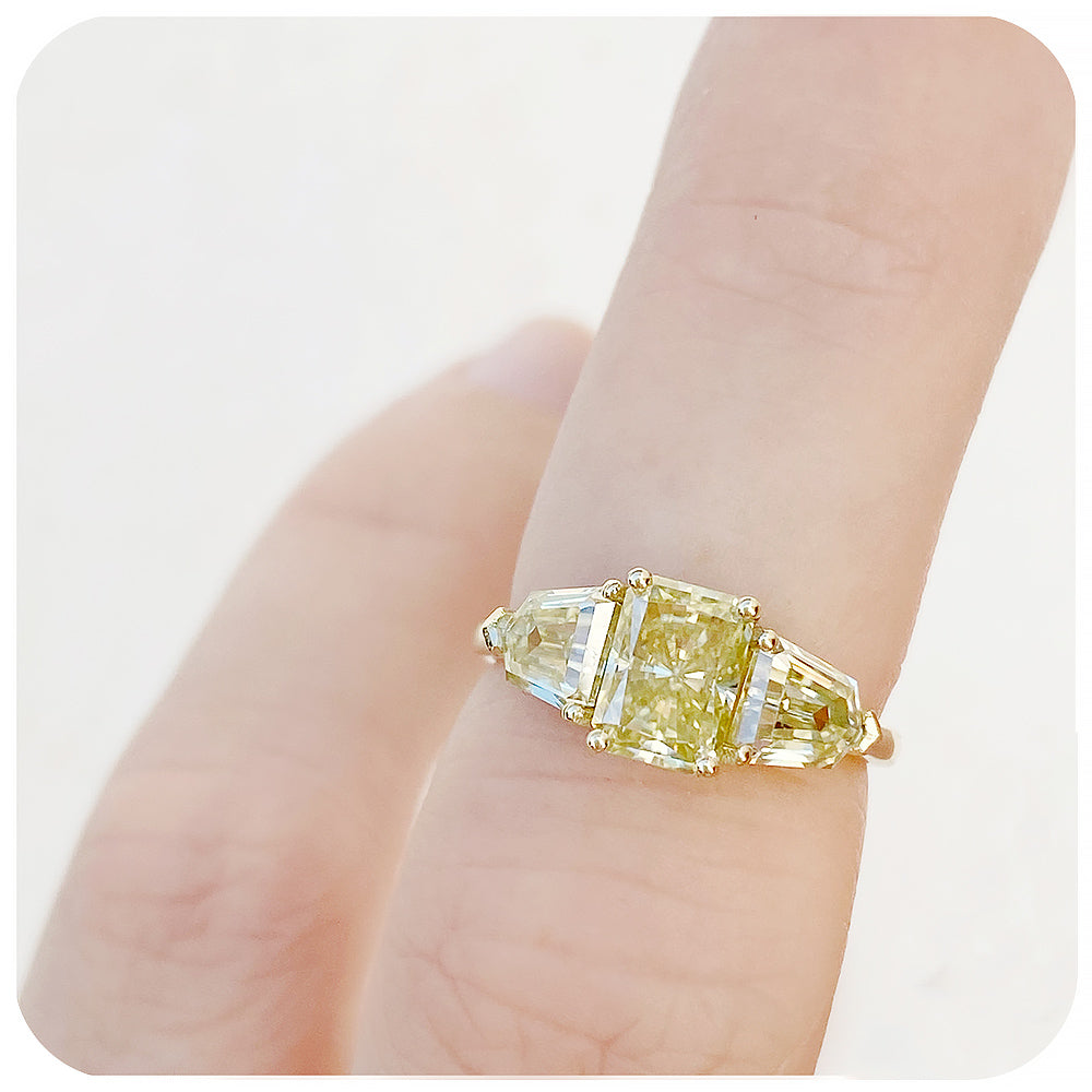 fancy yellow radiant and shield cut moissanite trilogy engagement or wedding ring - Victoria's Jewellery