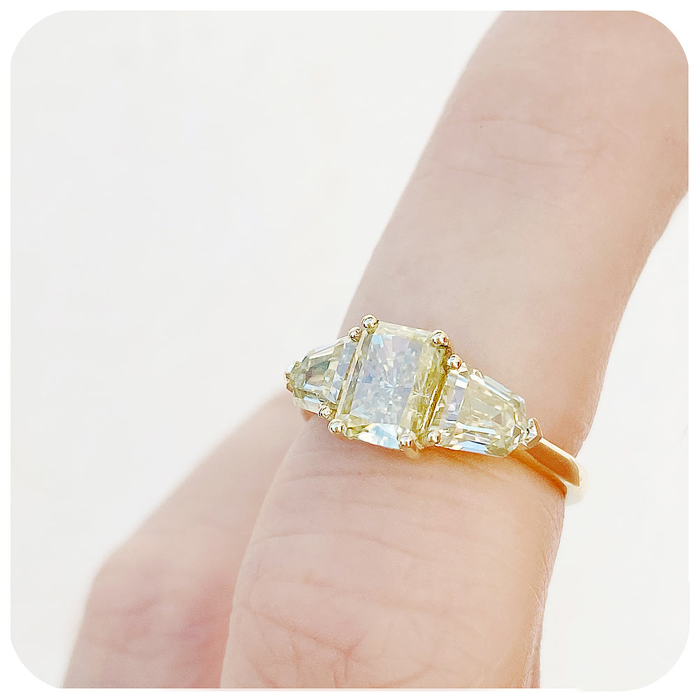 fancy yellow radiant and shield cut moissanite trilogy engagement or wedding ring - Victoria's Jewellery
