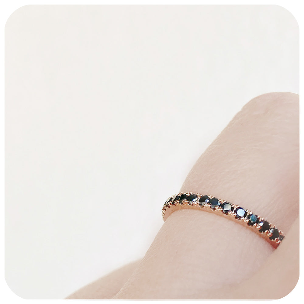 brilliant round cut black moissanite full eternity stack wedding band ring in rose gold - Victoria's Jewellery