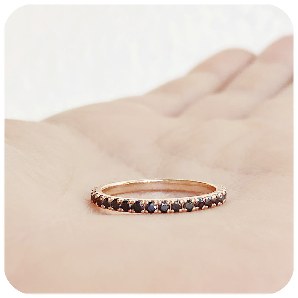 brilliant round cut black moissanite full eternity stack wedding band ring in rose gold - Victoria's Jewellery