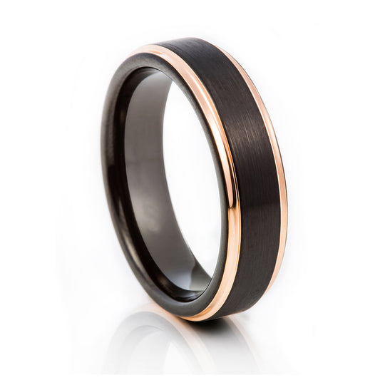 black mens tungsten engagement ring with rose gold edges