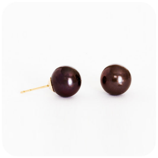 8.5 - 9mm Black Cultured Pearl Stud Earrings on 9k Yellow Gold - Victoria's Jewellery