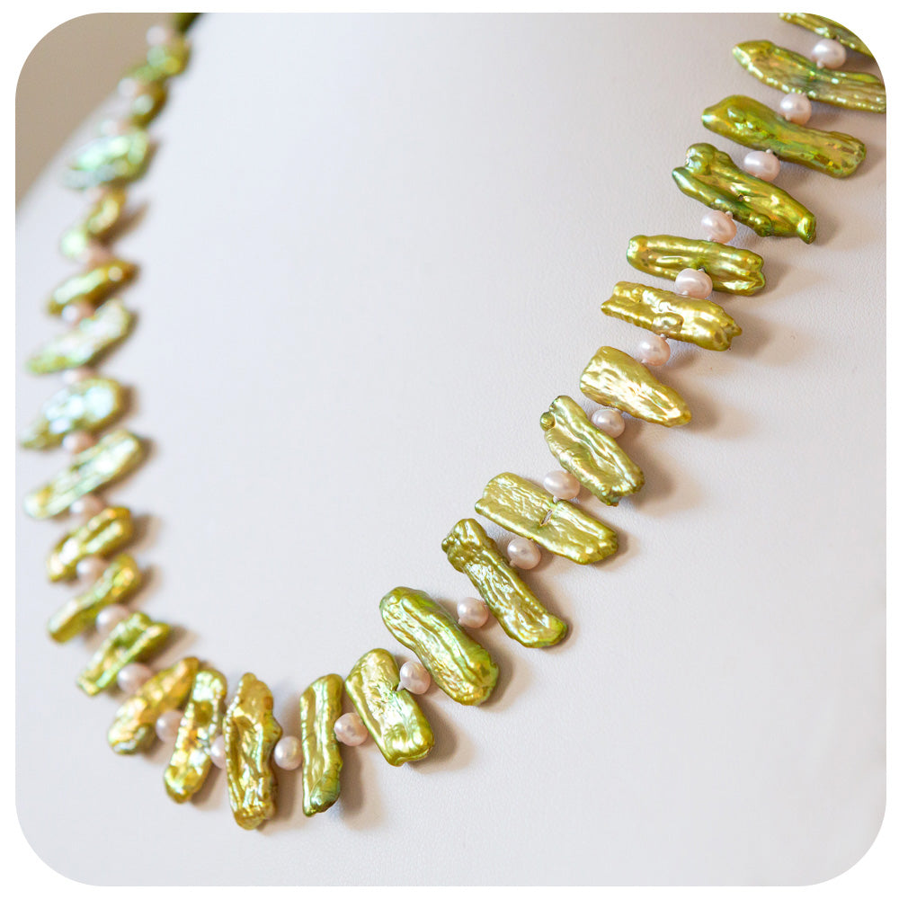 Green Biwa Pearls and 4.5mm Pink Fresh Water Pearl Necklace - Victoria's Jewellery