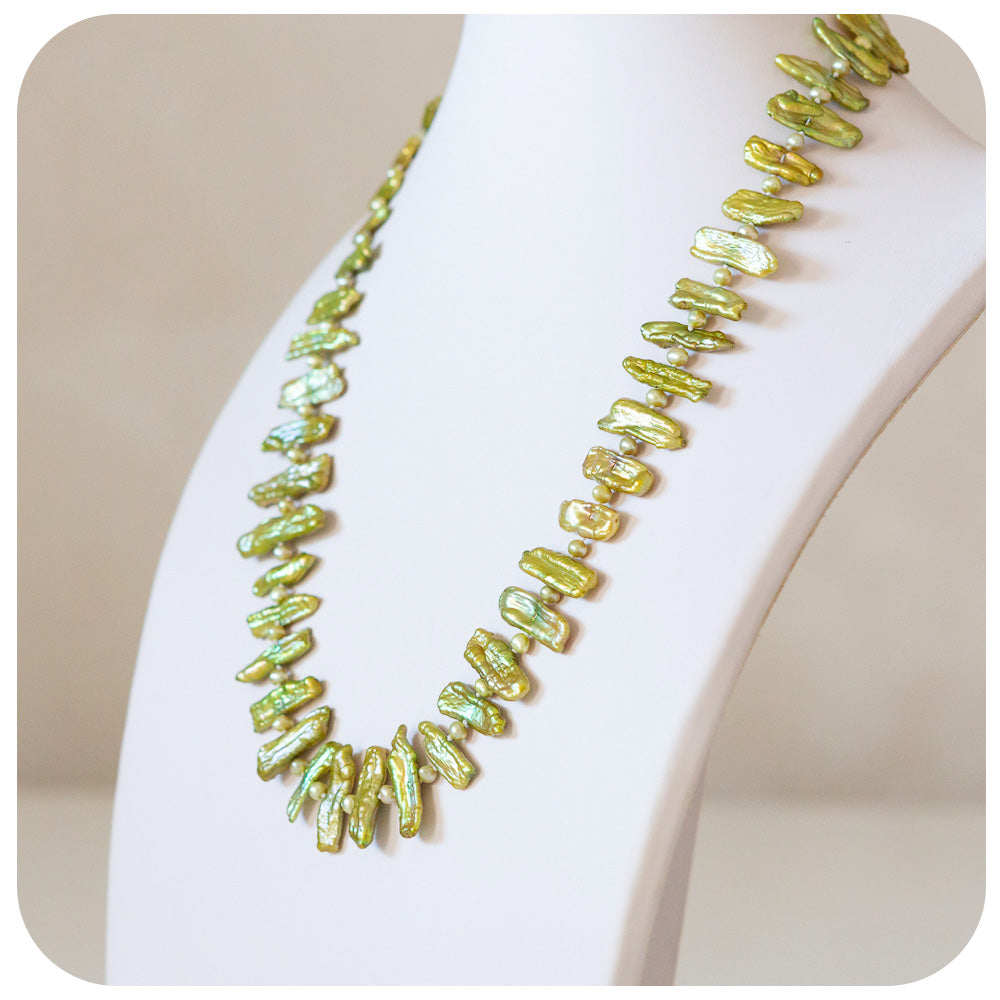 Green Biwa Tooth Pearls with Green Fresh Water Pearl Necklace - Victoria's Jewellery