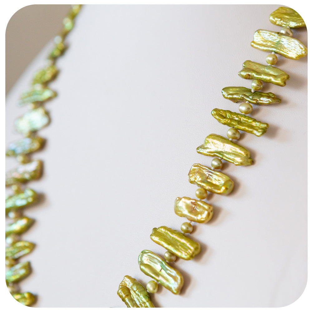 Green Biwa Tooth Pearls with Green Fresh Water Pearl Necklace - Victoria's Jewellery