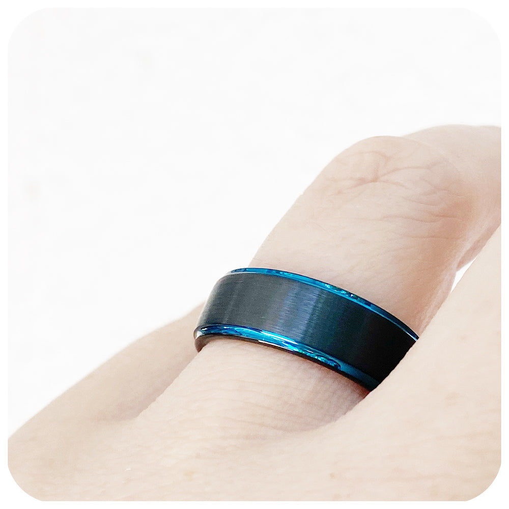 Black and Blue Tungsten Mens Wedding Ring - Victoria's Jewellery