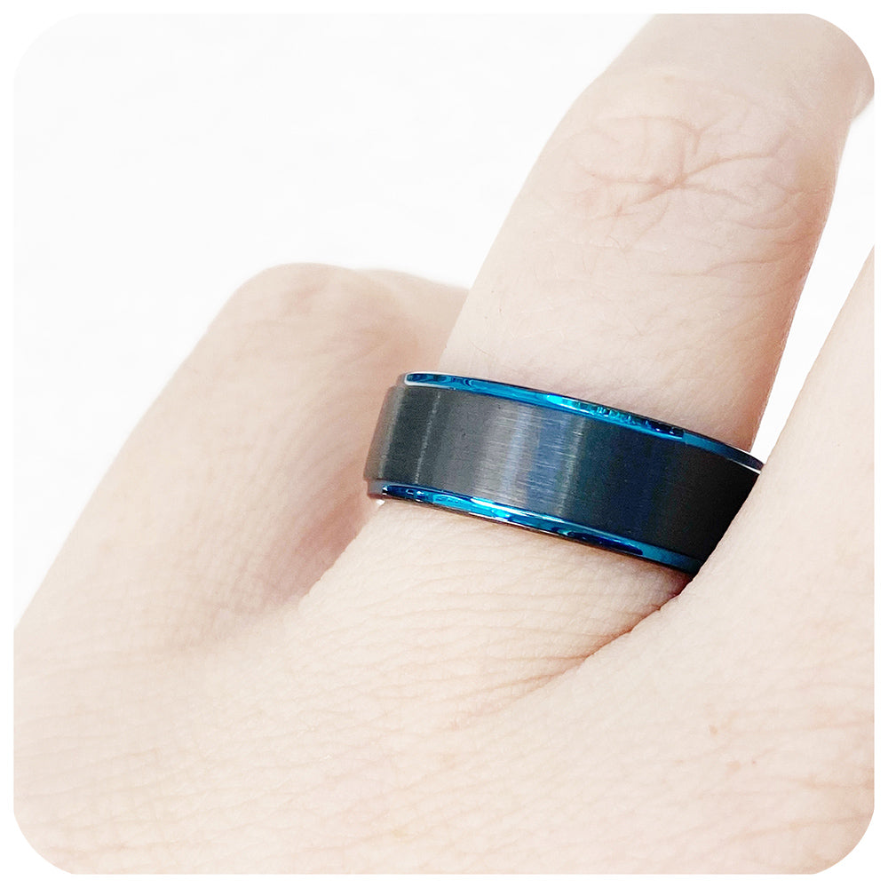 Black and Blue Tungsten Mens Wedding Ring - Victoria's Jewellery