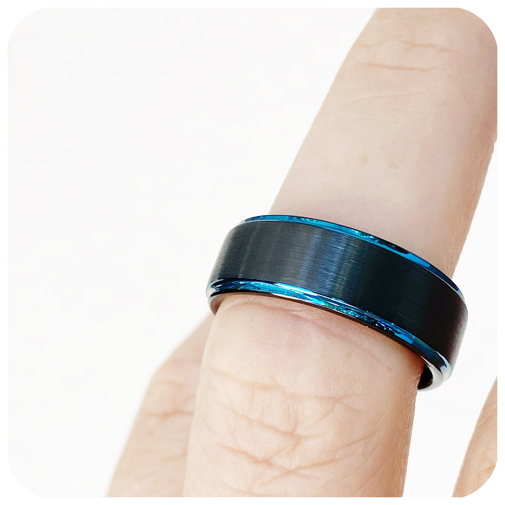 Black and Blue Tungsten Mens Wedding Ring - Victoria's Jewellery