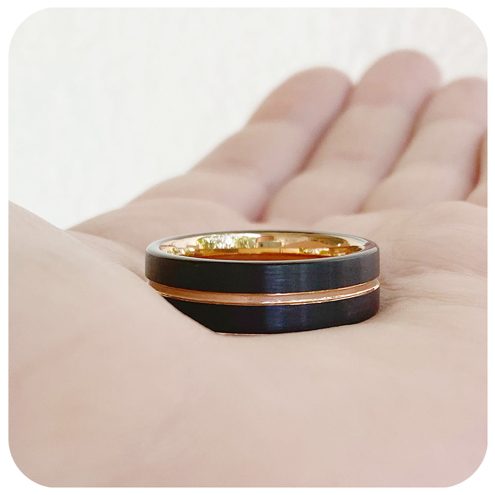 Black tungsten mens wedding ring with rose gold groove and inner - Victoria's Jewellery