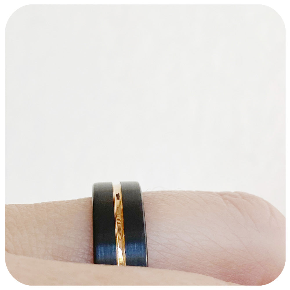 Black tungsten mens wedding ring with rose gold groove and inner - Victoria's Jewellery