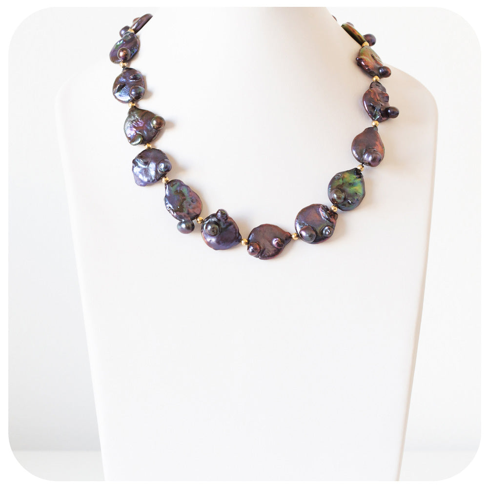 Blue Peacock Biwa Coin Pearls and Yellow Gold Necklace