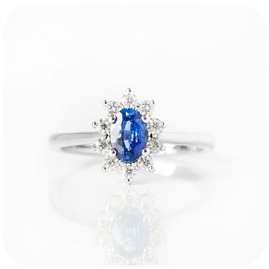 Eva, a Blue Sapphire and Moissanite Halo Ring