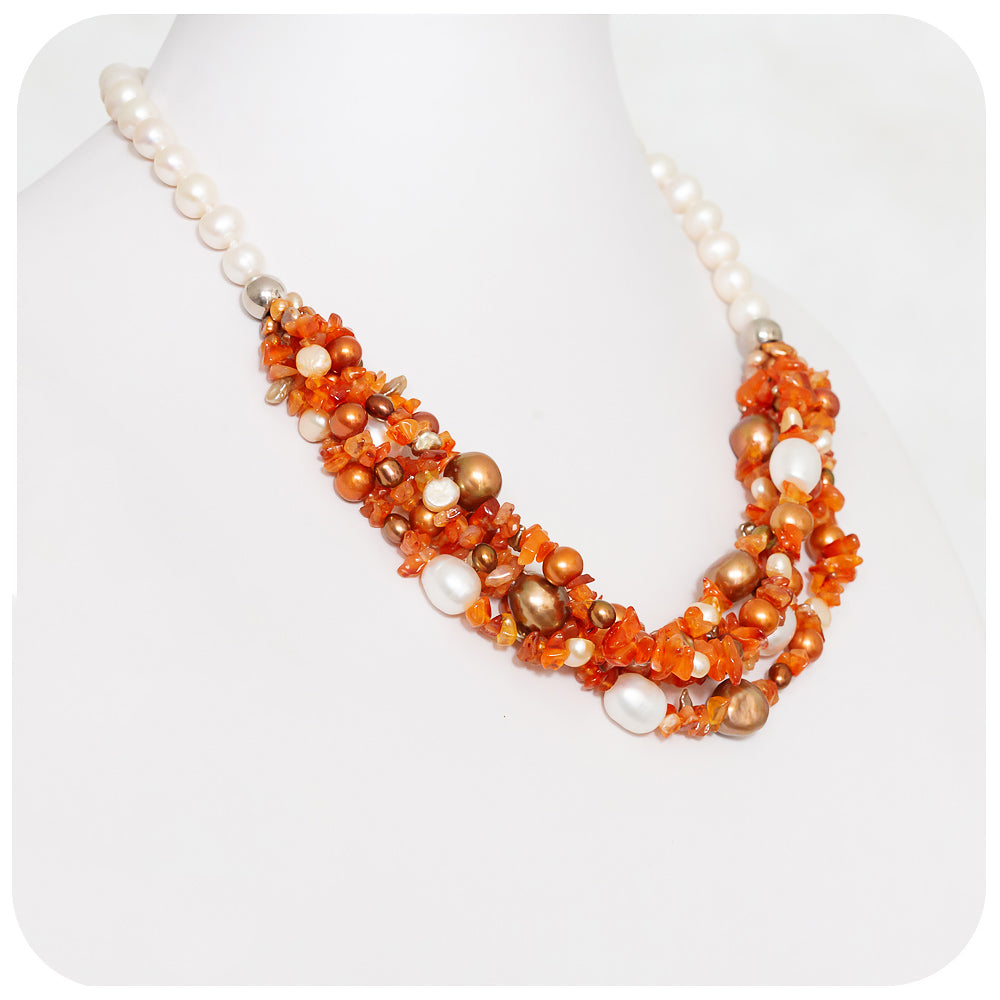 Bright Carnelian Necklace with White and Gold Fresh Water Pearls