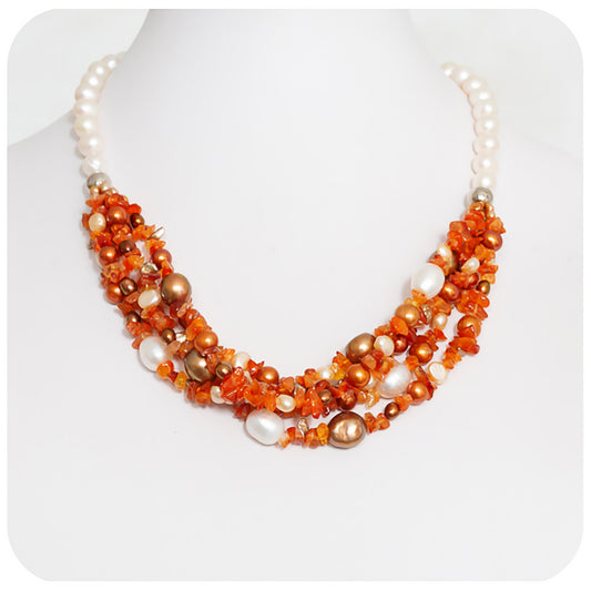 Bright Carnelian Necklace with White and Gold Fresh Water Pearls - Victoria's Jewellery