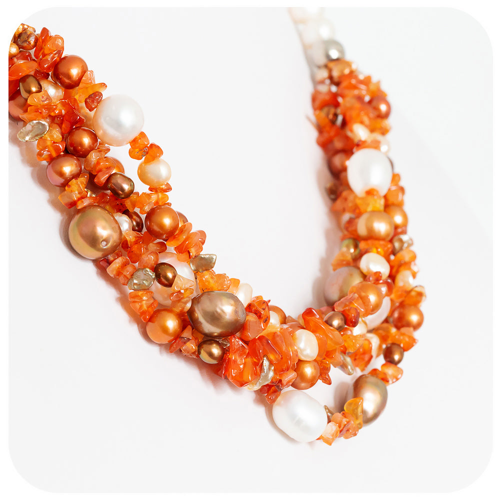 Bright Carnelian Necklace with White and Gold Fresh Water Pearls