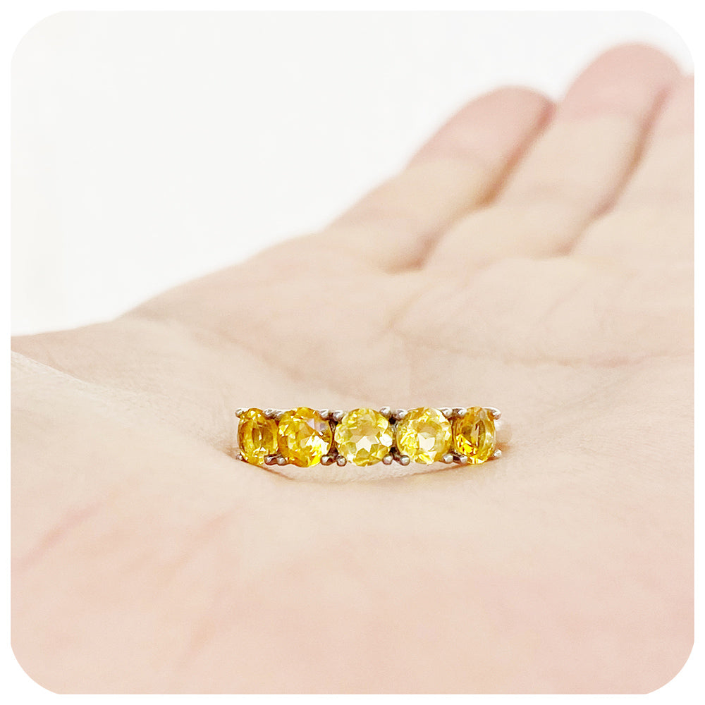 round cut yellow citrine half eternity anniversary ring