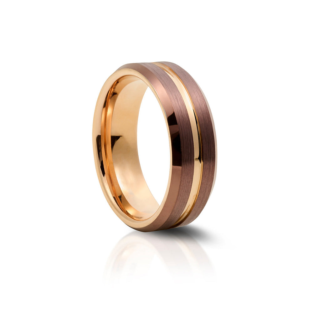 mens tungsten engagement wedding ring with copper tones and gold