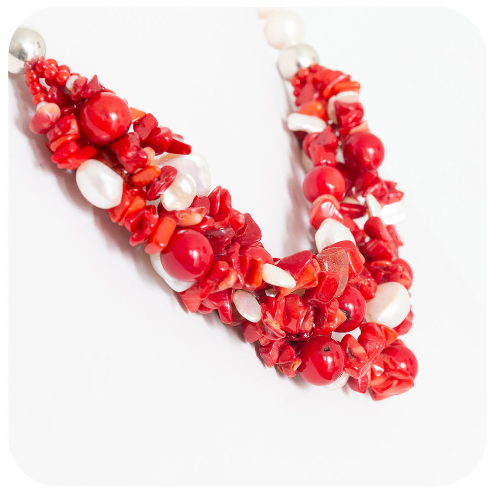 Bright Red Coral and Fresh Water Pearl Necklace - Victoria's Jewellery