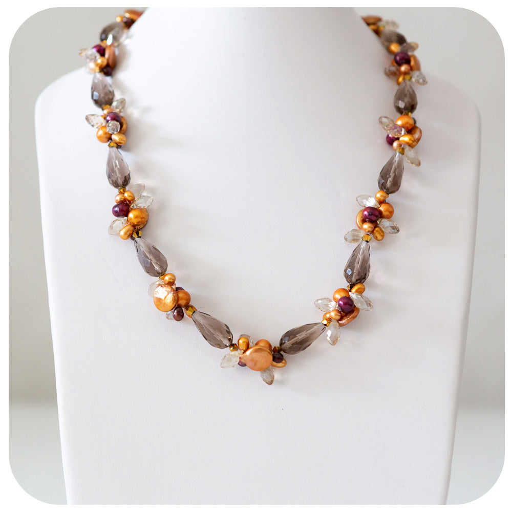 Smoky Quartz, Biwa and Fresh Water Pearl Necklace with Crystal Element Detail - 58cm