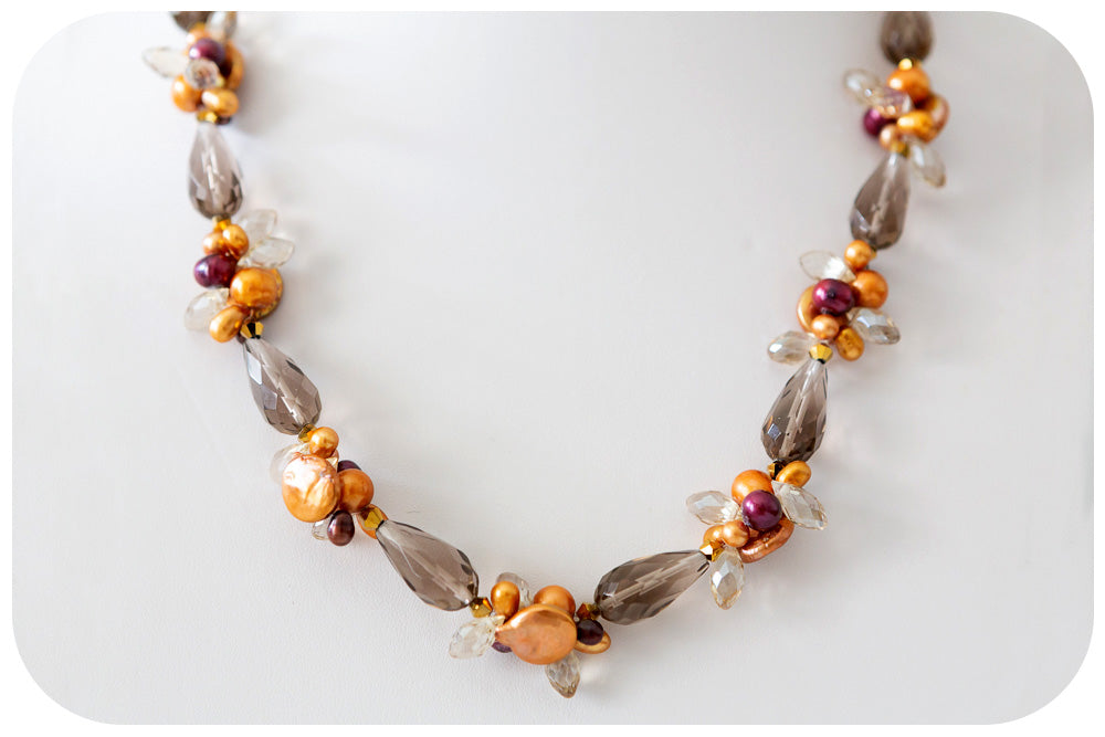Smoky Quartz, Biwa and Fresh Water Pearl Necklace with Crystal Element Detail - 58cm