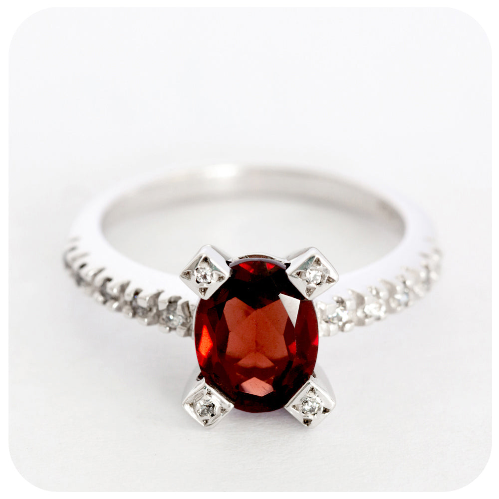 Oval Cut Garnet Ring in Sterling Silver with Cubic Zirconia Detail - Victoria's Jewellery