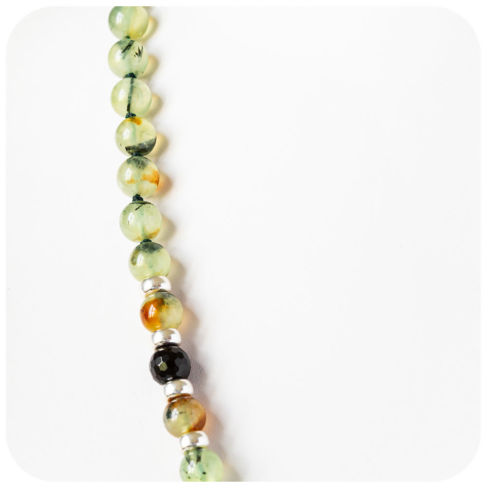 Prehnite and Onyx Bead Necklace with Silver Detail