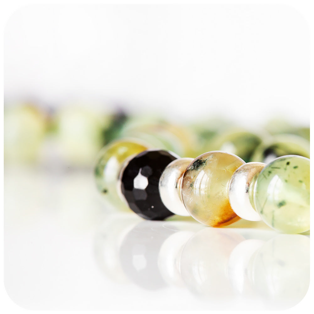Prehnite and Onyx Bead Necklace with Silver Detail