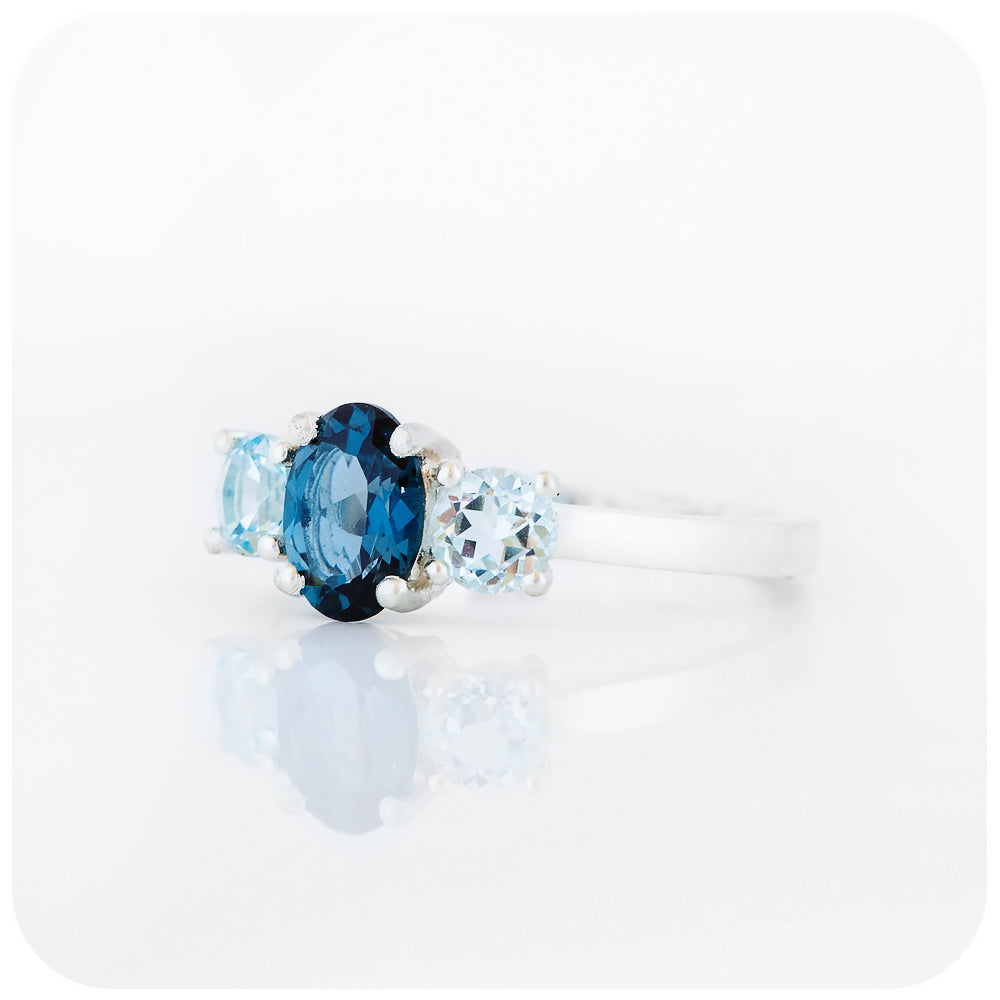 Oval cut London and Sky Blue Topaz Trilogy Engagement Ring - Victoria's Jewellery