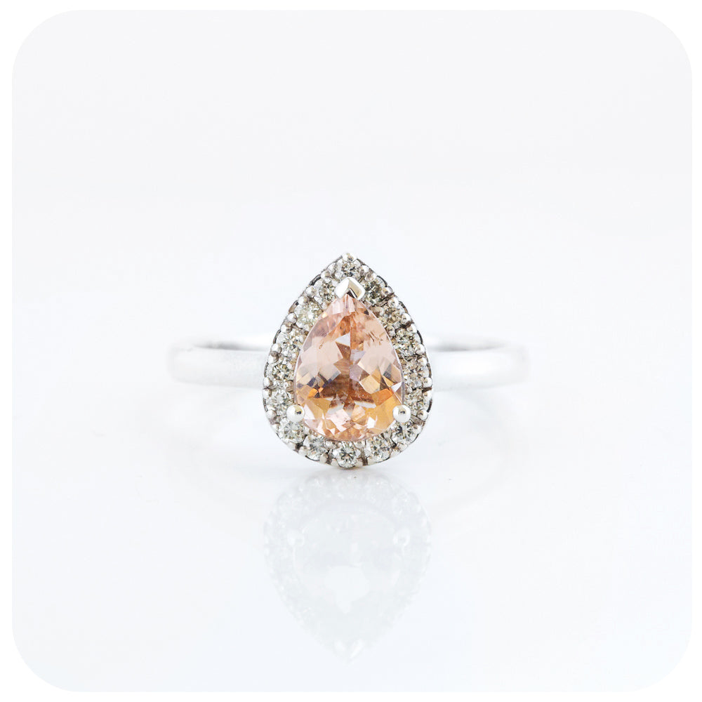 Pear cut Morganite and Moissanite Halo Engagement Wedding Ring - Victoria's Jewellery