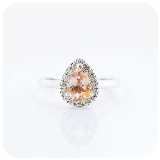 Pear cut Morganite and Moissanite Halo Engagement Wedding Ring - Victoria's Jewellery