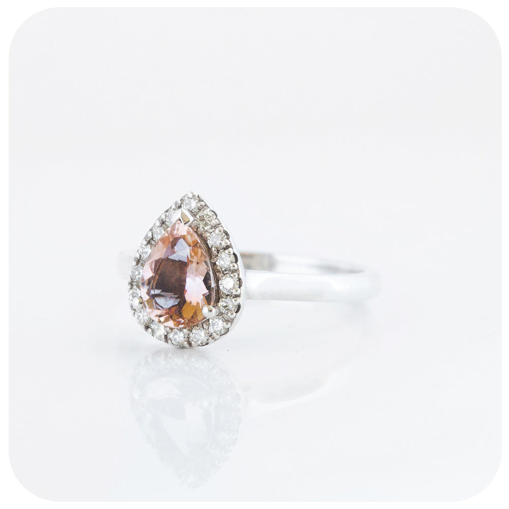 Pear cut Morganite and Moissanite Halo Engagement Wedding Ring - Victoria's Jewellery