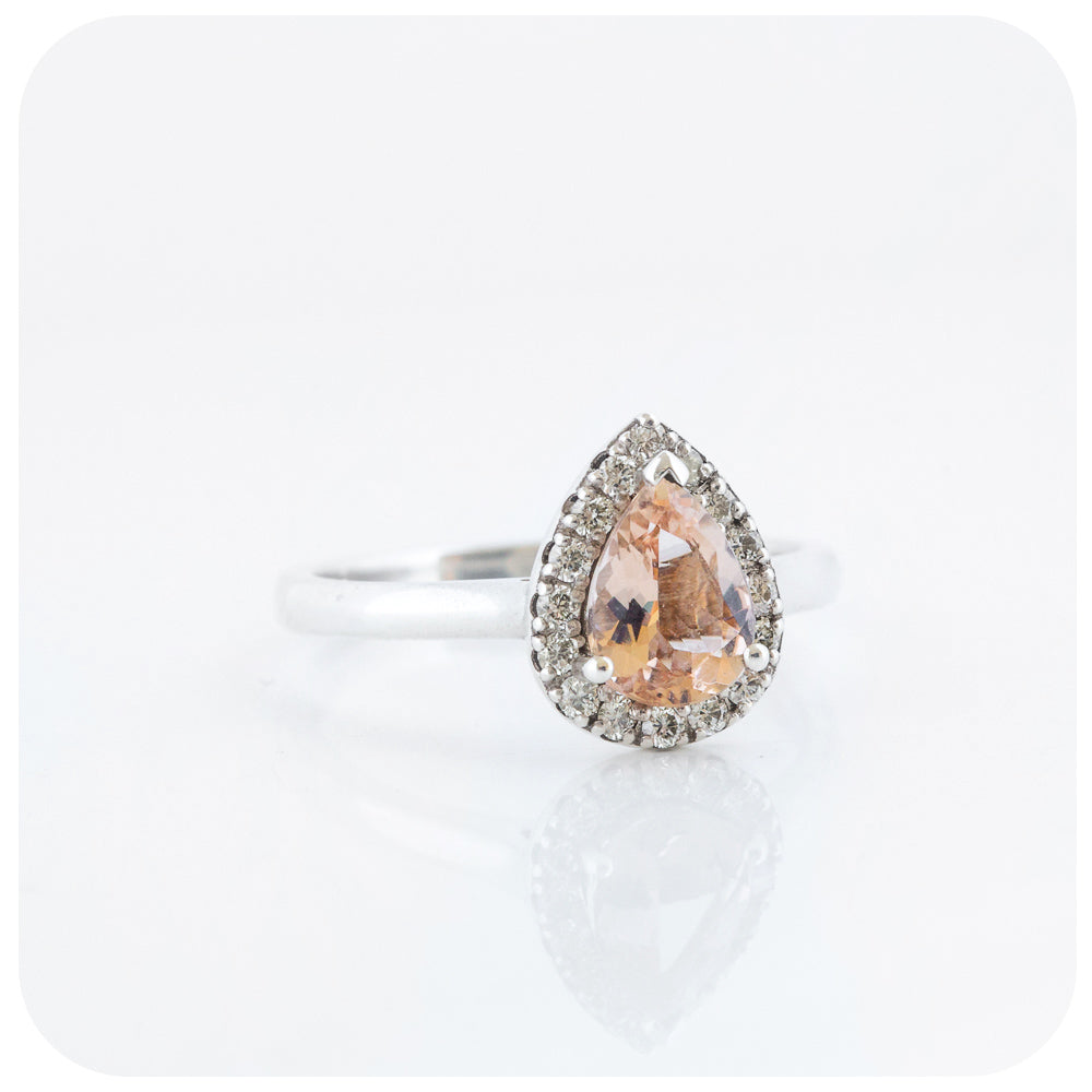 Pear cut Morganite and Moissanite Halo Engagement Wedding Ring - Victoria's Jewellery