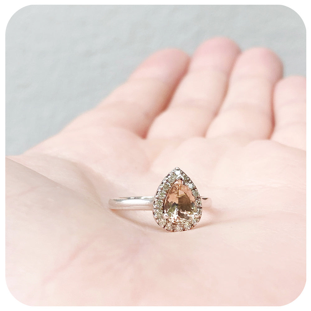 Pear cut Morganite and Moissanite Halo Engagement Wedding Ring - Victoria's Jewellery