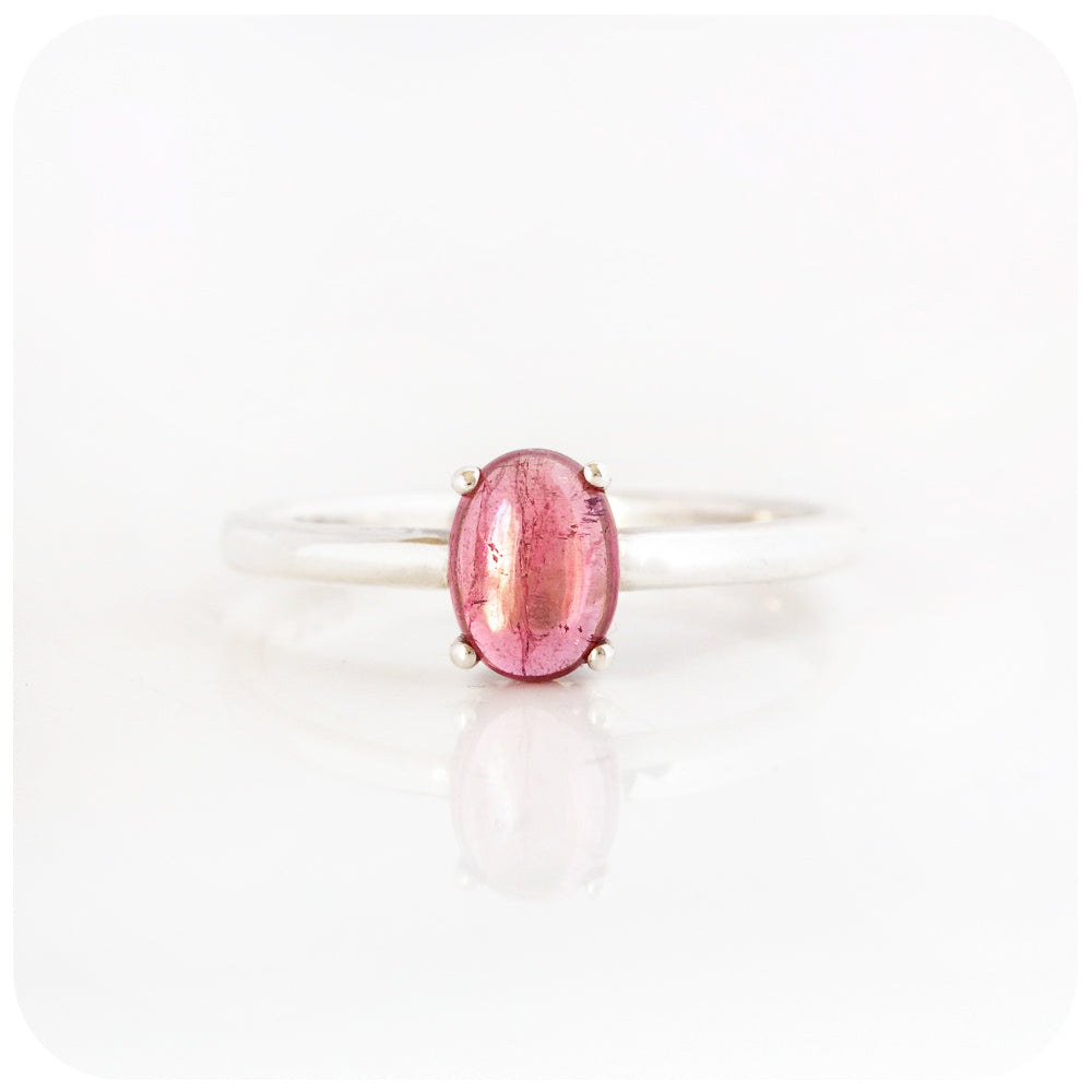 Oval Cabochon Pink Tourmaline Solitaire Ring in Sterling Silver