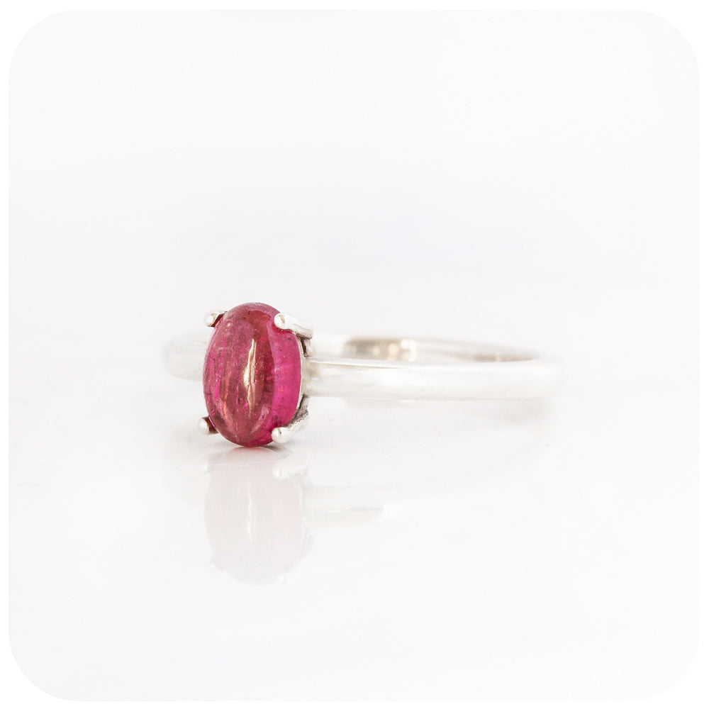 Oval Cabochon Pink Tourmaline Solitaire Ring in Sterling Silver