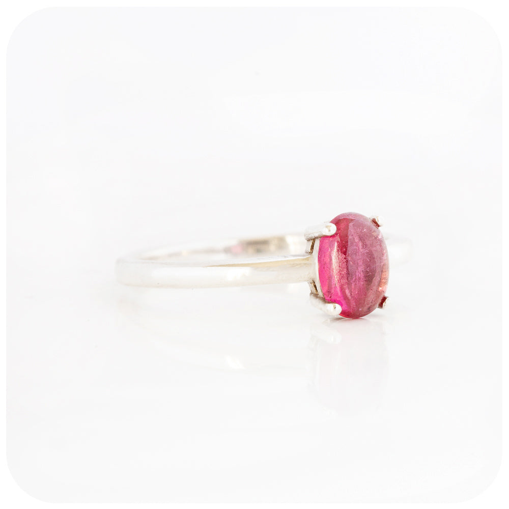 Oval Cabochon Pink Tourmaline Solitaire Ring in Sterling Silver