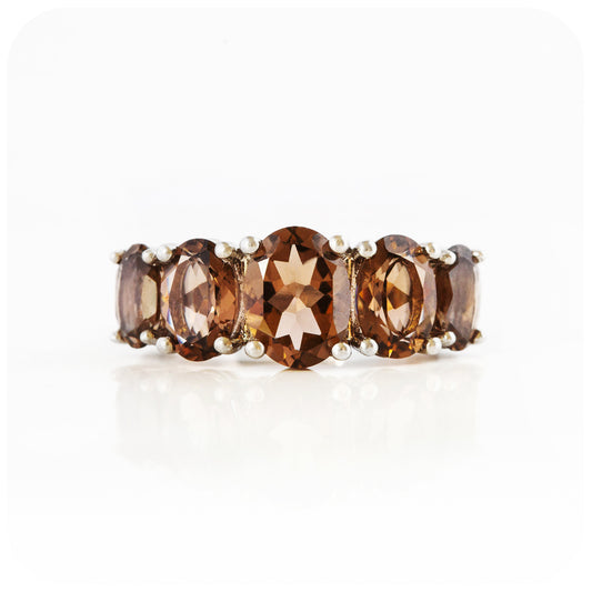 oval cut smoky quartz half eternity anniversary ring
