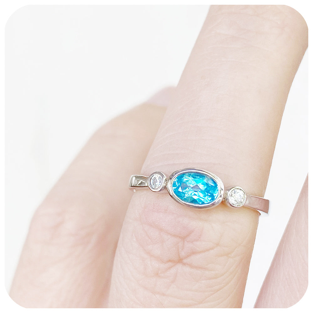 Oval cut Swiss Blue Topaz and Cubic Zirconia Stack Ring in Sterling Silver