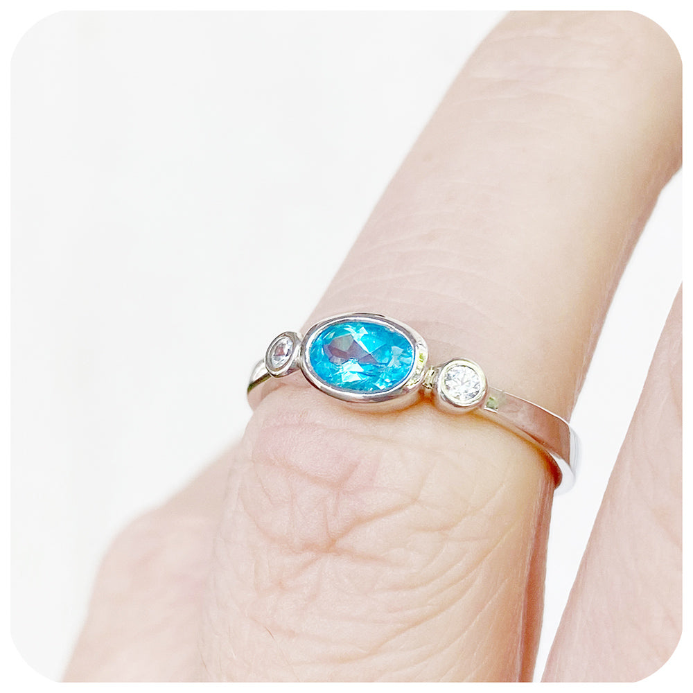 Oval cut Swiss Blue Topaz and Cubic Zirconia Stack Ring in Sterling Silver