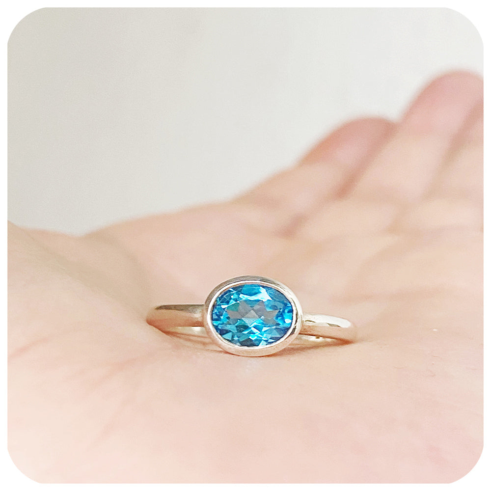 Oval cut Swiss Blue Topaz Tube set Stack Ring - Victoria's Jewellery