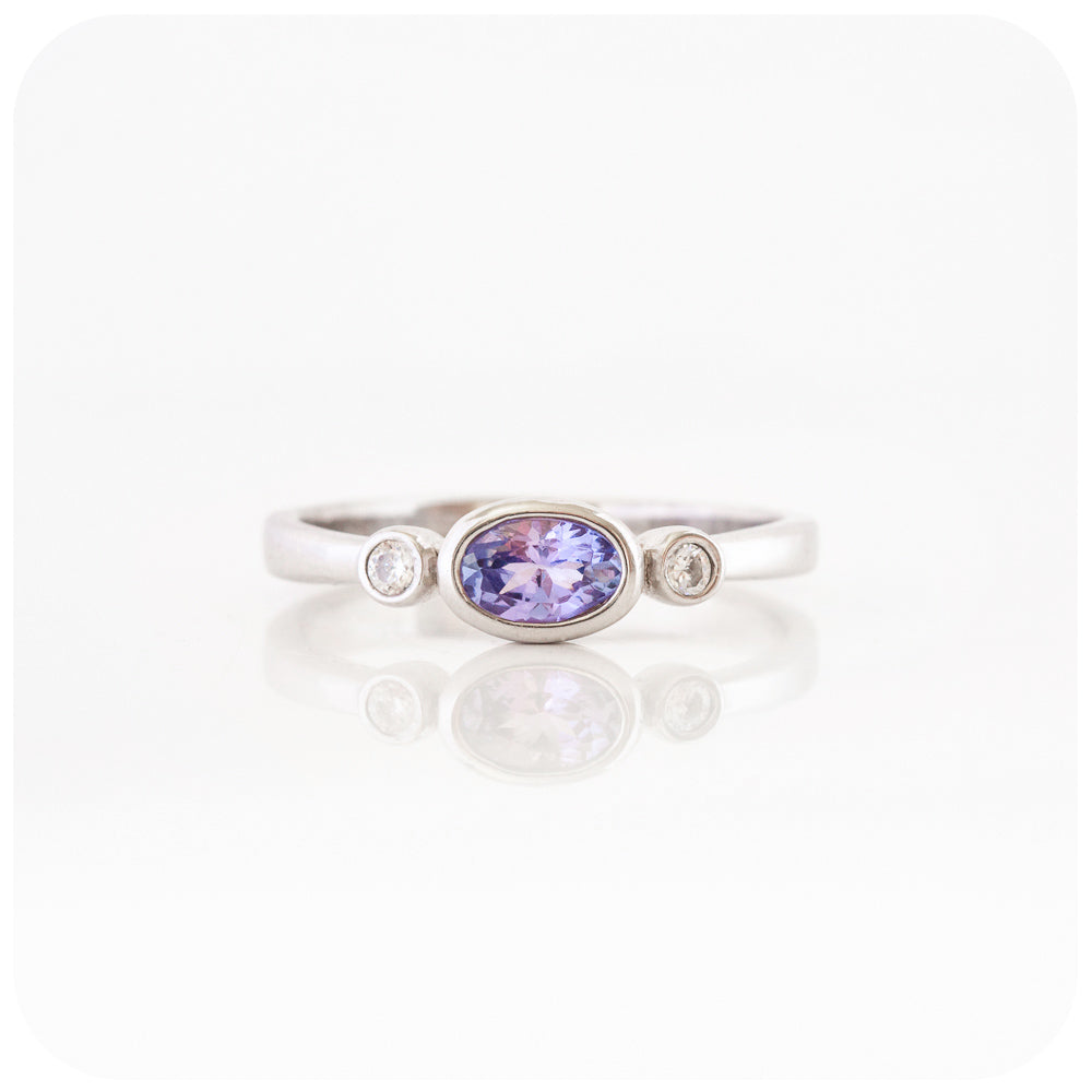 oval cut tanzanite and cubic zirconia stack ring in sterling silver